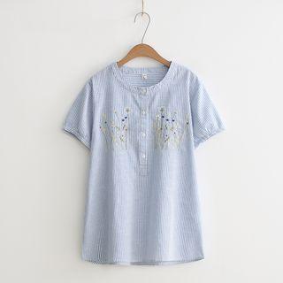 Short-sleeve Pinstriped Embroidered Shirt