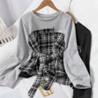 Belted Plaid Panel Pullover