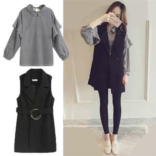 Set: Long-sleeve Plaid Blouse + Button Vest