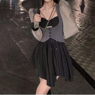 Puff-sleeve Mock Two-piece Jacket / Plain Asymmetrical Hem Suspender Dress