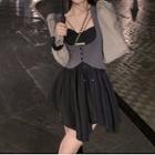 Puff-sleeve Mock Two-piece Jacket / Plain Asymmetrical Hem Suspender Dress