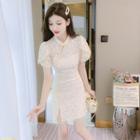 Puff-sleeve Slit A-line Lace Dress