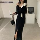 Bow Bodycon Slit Long-sleeve Dress