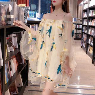 Bird Embroidered 3/4-sleeve Dress
