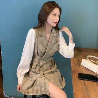Puff-sleeve Double Breasted Plaid Dress