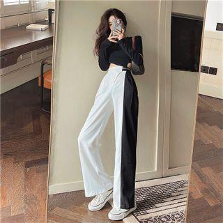 Long-sleeve Cropped T-shirt / Two-tone Wide-leg Pants