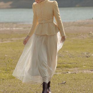 Mesh Midi A-line Skirt / Long-sleeve Plaid Top