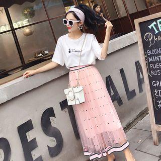 Set: Embroidered Short-sleeve T-shirt + Dotted Mesh Maxi Skirt