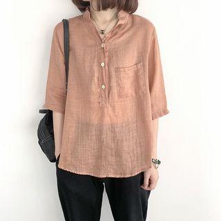 Plain Elbow-sleeve Sheer Shirt