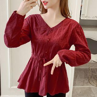 Long Sleeve V-neck Tie-waist Blouse