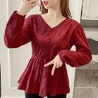 Long Sleeve V-neck Tie-waist Blouse