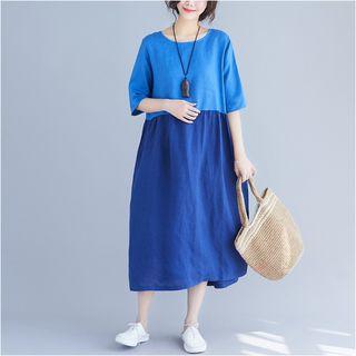 Elbow-sleeve Two-tone Midi Dress Blue - One Size