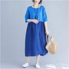 Elbow-sleeve Two-tone Midi Dress Blue - One Size