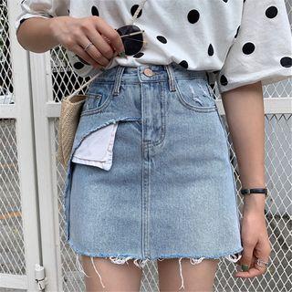 Asymmetric Frayed Hem A-line Mini Denim Skirt