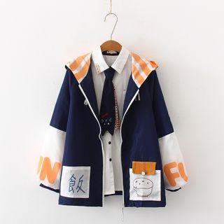 Printed Color Panel Hooded Zip Jacket / Tie-neck Shirt
