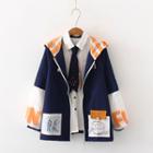 Printed Color Panel Hooded Zip Jacket / Tie-neck Shirt