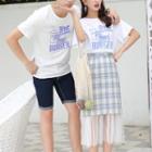 Couple Matching Set: Printed Short-sleeve T-shirt + Plaid Midi Pencil Skirt / Printed Short-sleeve T-shirt