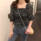 Short-sleeve Patterned Chiffon Crop Top Black - One Size