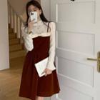 Bow Spaghetti Strap A-line Dress / Long-sleeve Top