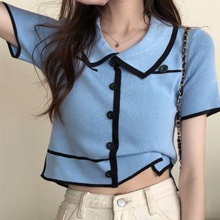 Short-sleeve Asymmetric Contrast Trim Knit Top