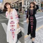 Long-sleeve Floral Embroidered Maxi Chiffon Dress