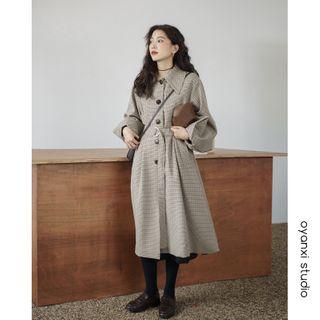 Plaid Lantern-sleeve Midi A-line Shirtdress