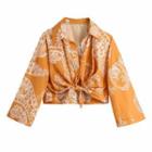 Printed Short-sleeve Tie-front Cropped Shirt