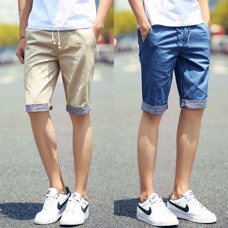 Drawstring Gingham Cuffed Basic Shorts