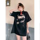 Mandarin Collar Crane Print Short-sleeve Mini A-line Dress