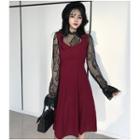 Sheer Lace Blouse / Sleeveless Midi A-line Dress