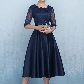 Elbow-sleeve Lace Paneled A-line Midi Party Dress