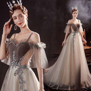 Cold-shoulder Embellished Mesh A-line Evening Gown