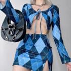 Set: Long-sleeve Tie-front Argyle Top + Mini Pencil Skirt