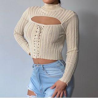 Mock-neck Lace-up Cutout Knit Crop Top