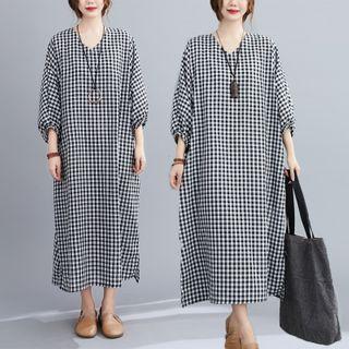 3/4-sleeve Plaid Midi A-line Dress Black - One Size