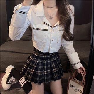 Set: Striped Trim Shirt + Check Pleated Skirt