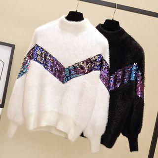 Sequin Trim Mock-neck Sweater