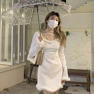 Long Sleeve Square Neck Plain Lace-up Dress