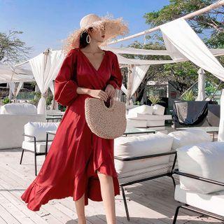 Long-sleeve Frill Trim Irregular A-line Midi Dress