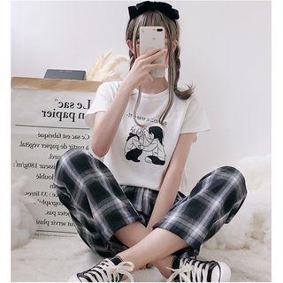 Plaid Straight Cut Pants With Bungee Cord Pants - Plaid - Black & White - One Size