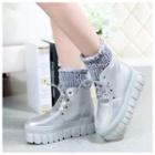 Platform Faux Leather Knit Panel Ankle Boots