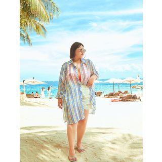 Plus Size Slit-side Long Plaid Shirt