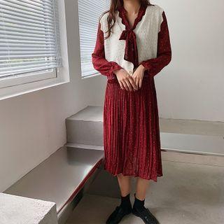 Long-sleeve Dotted Chiffon Midi A-line Dress
