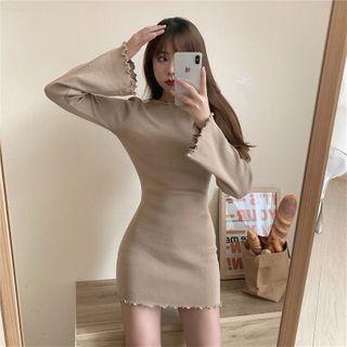 Plain Ruffle Knit Skinny Dress Camel - One Size