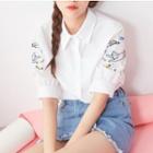 Cat Embroidered Elbow Sleeve Blouse
