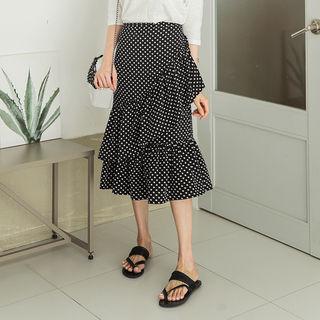 Ruffle-tiered Polka-dot Midi Skirt