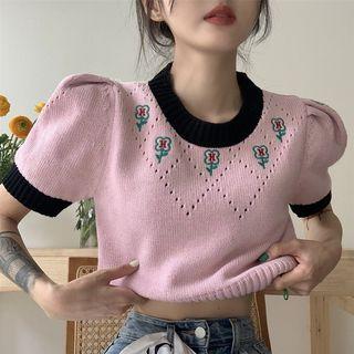Puff-sleeve Contrast Trim Argyle Knit Top Pink - One Size