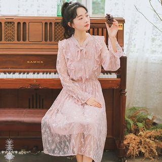Long-sleeve Ruffled Midi Lace Dress