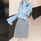 Set: V-neck Ruffle Trim Sweater + Side Slit Knit Skirt Top - Blue - One Size / Skirt - Gray - One Size