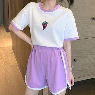 Set: Two-tone Short-sleeve Printed T-shirt + Two-tone Elastic-waist Sweatshorts
